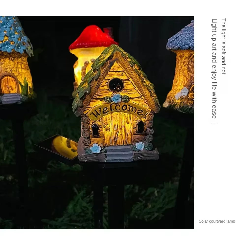 1Pc Creative Solar Resin Mushroom House Light, Waterproof Small House Led Floor Plug Light for Outdoor Garden Lawn Decoration