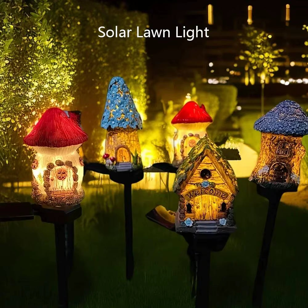 1Pc Creative Solar Resin Mushroom House Light, Waterproof Small House Led Floor Plug Light for Outdoor Garden Lawn Decoration