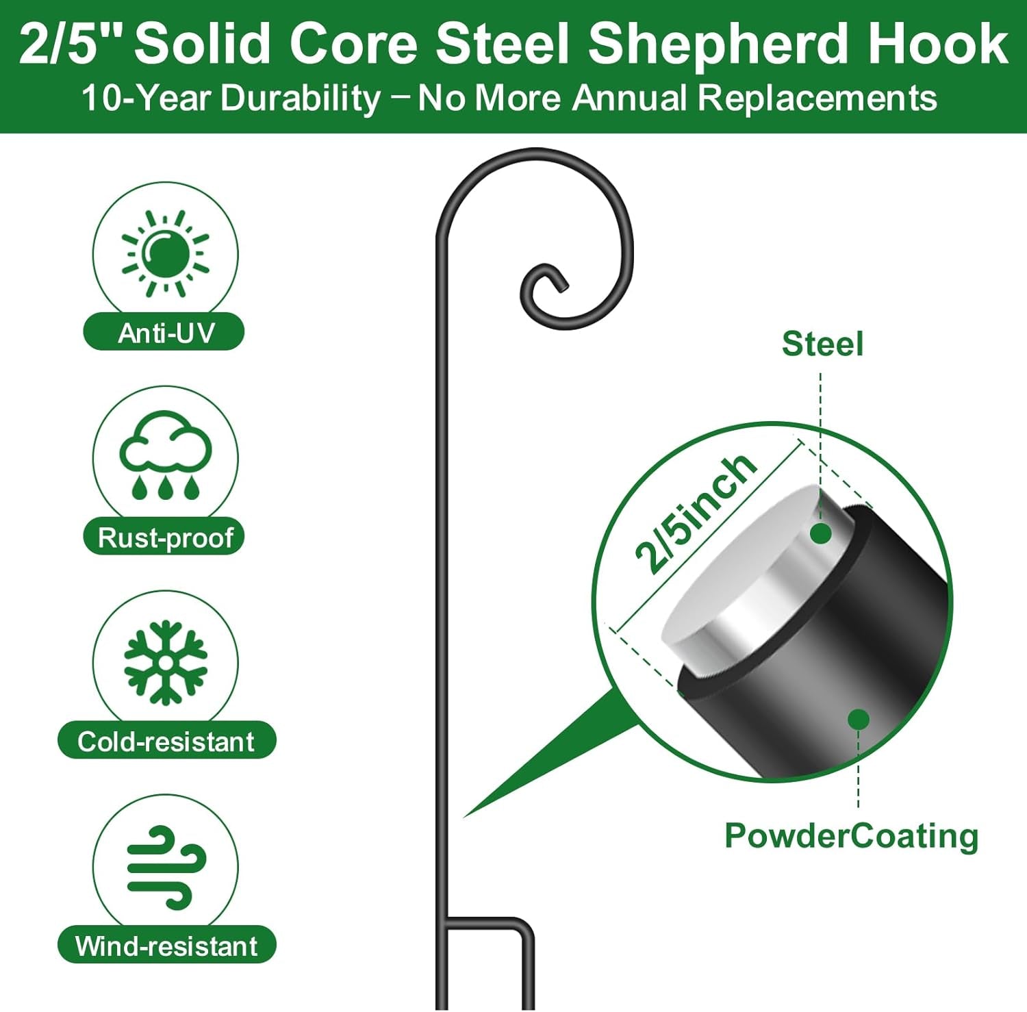 Shepherd Hook 48 Inch 5 Pack One Piece Structure No Assembly Required 2/5 Inch Heavy Duty Solid Metal Shepards for Garden Outdoor Plants Lantern Mason Jar Wind Chimes Wedding Small