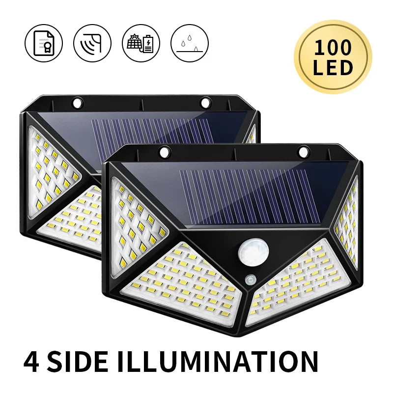 100 LED Solar Wall Lamp 4 Sides Luminous with Motion Sensor Human Induction Courtyard Waterproof Stairs Outdoor Wall Light