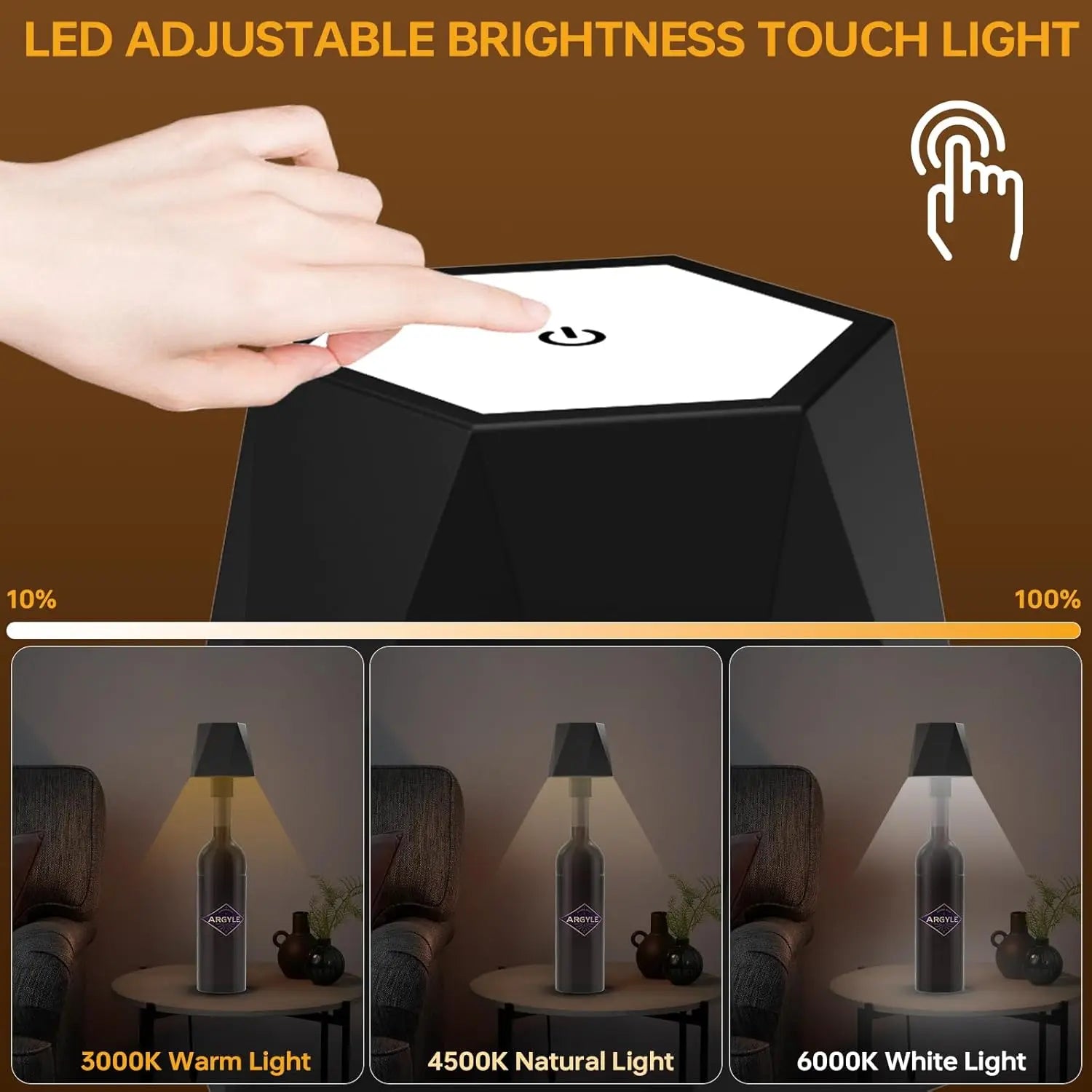 Wireless Bottle Table Lamp Touch Control of 3 Colors and Stepless Dimming Night Lamp for Bar Wine Bottles Decor Desk Lights