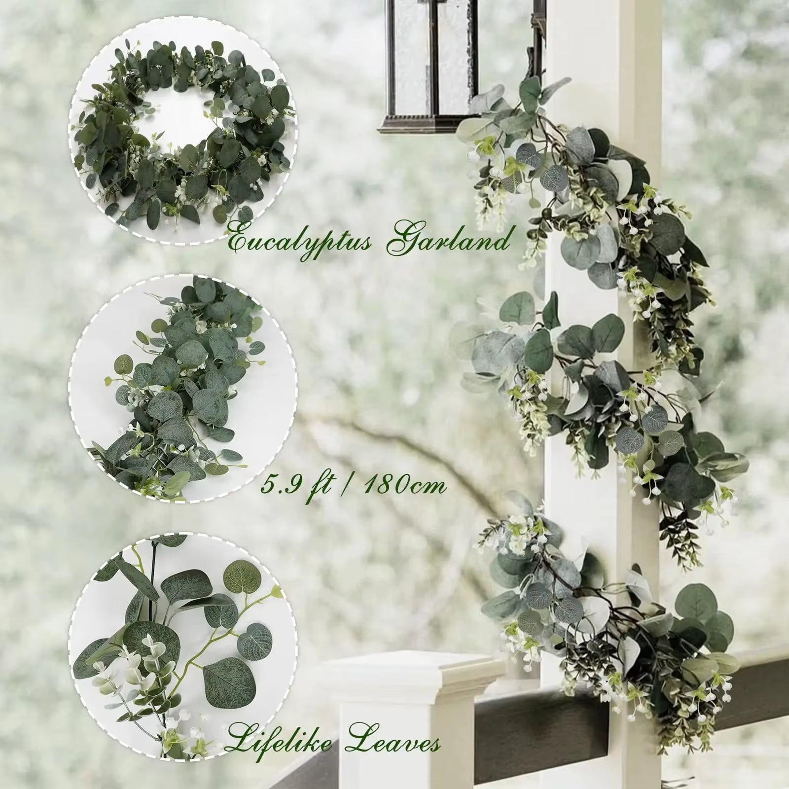 1Pc Artificial Eucalyptus Leaves Greenery Garland Faux Plant Spring Vines with White Flowers Berries for Wedding Home Party Deco