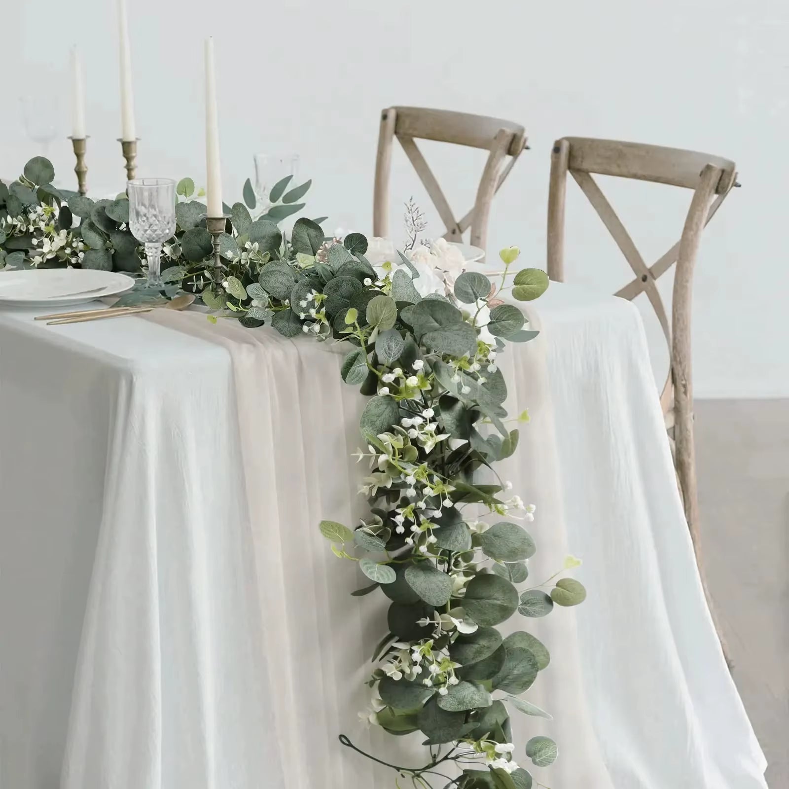 1Pc Artificial Eucalyptus Leaves Greenery Garland Faux Plant Spring Vines with White Flowers Berries for Wedding Home Party Deco