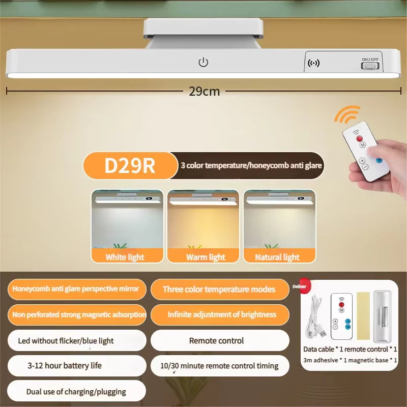 LED Table Lamp Magnetic Hanging USB Rechargeable Desk Lamp 3/5 Color Reading Light Dimmable Cabinet Closet Wardrobe Night Light