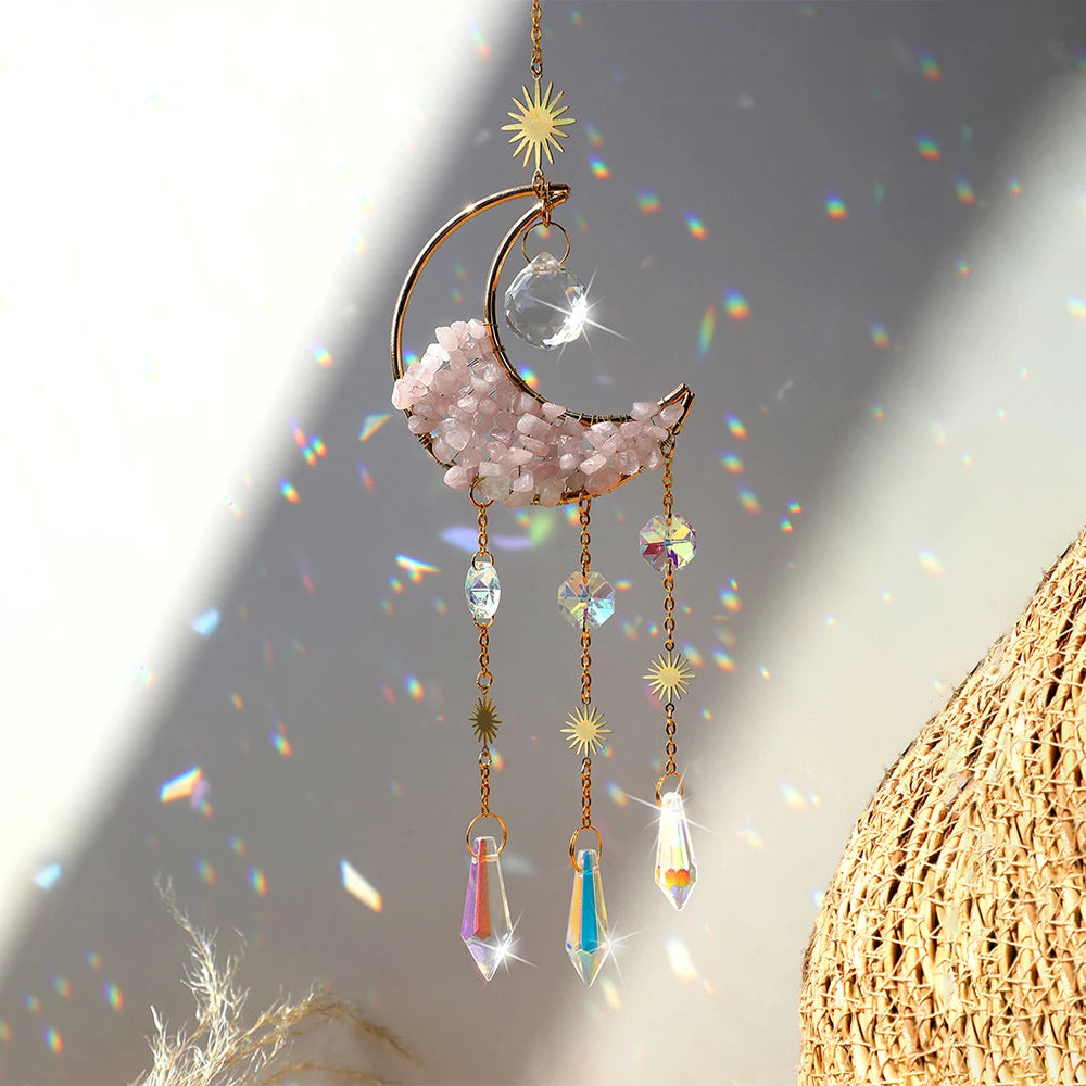 Crystal Moon Amethyst Rainbow Suncatcher Hanging Crystals Stone Sun Catcher Light Catcher Xmas Window Garden Ornaments Outdoor