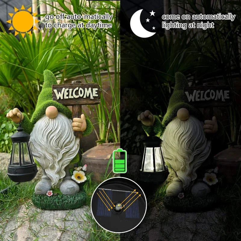 Outdoor Garden Resin Dwarf Statue Lighting Guide Solar Led Lantern Welcome Sign Flocking Dwarf Courtyard Lawn Large Decoration