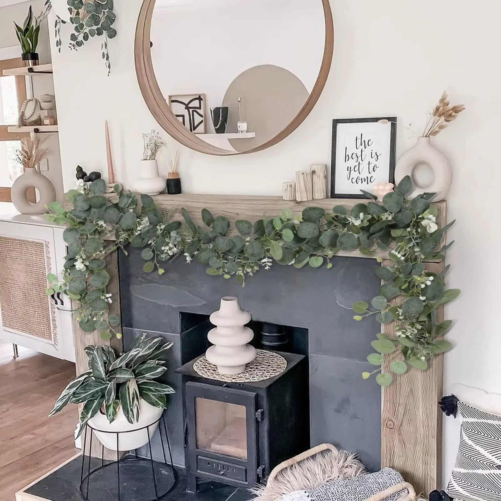 1Pc Artificial Eucalyptus Leaves Greenery Garland Faux Plant Spring Vines with White Flowers Berries for Wedding Home Party Deco