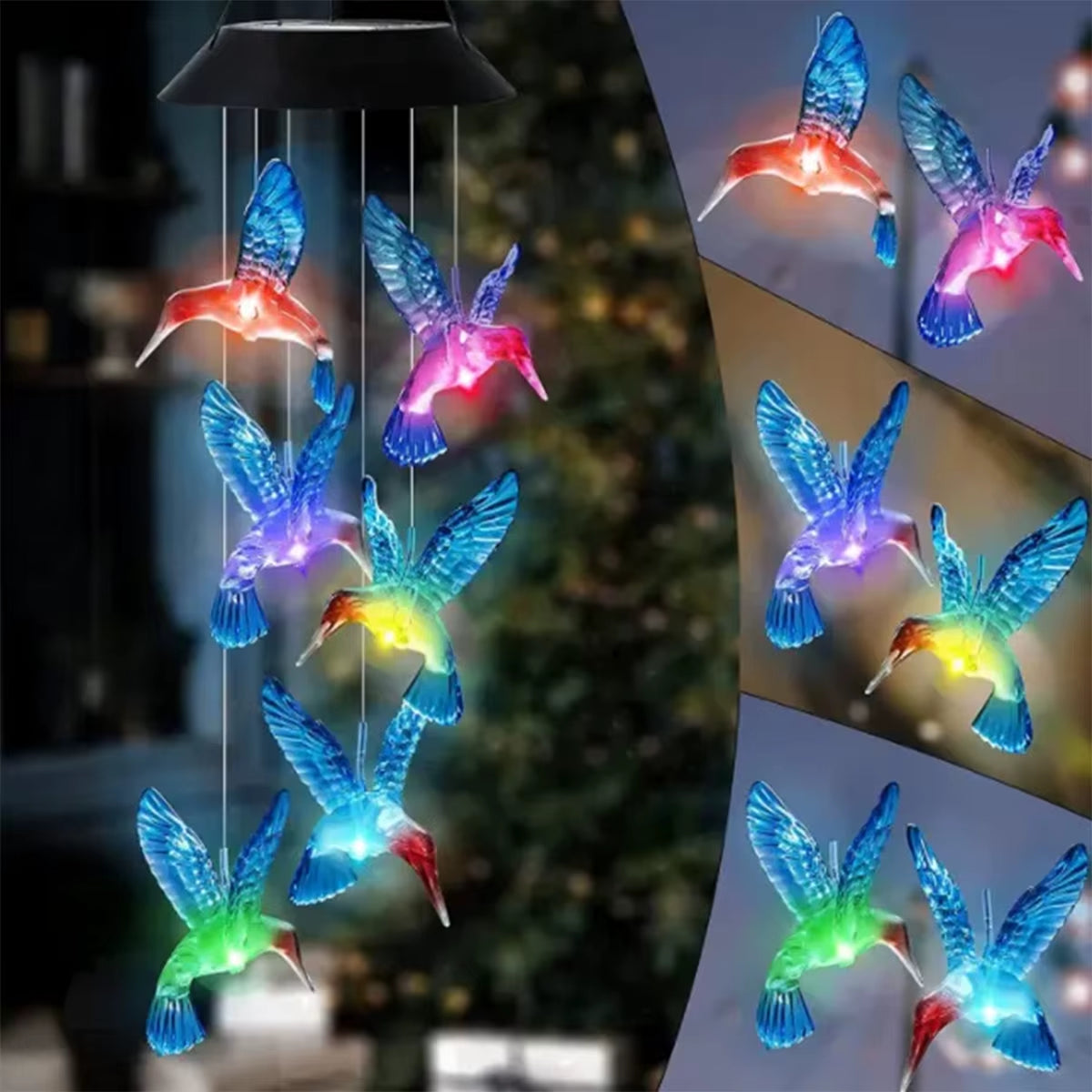 Hummingbird Solar Wind Chime Light LED Outdoor Solar Lantern Waterproof Automatic Changing Color for Home Garden Gift Christmas