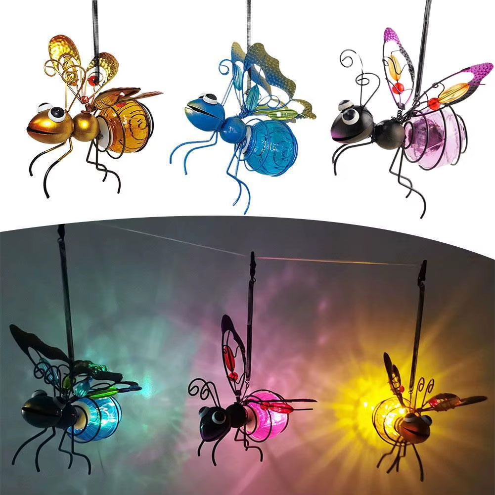 Solar Iron Insect Statue with LED Fairy Light Outdoor Waterproof Hanging Tree Ornament for Fence Yard Courtyard Garden Art Decor