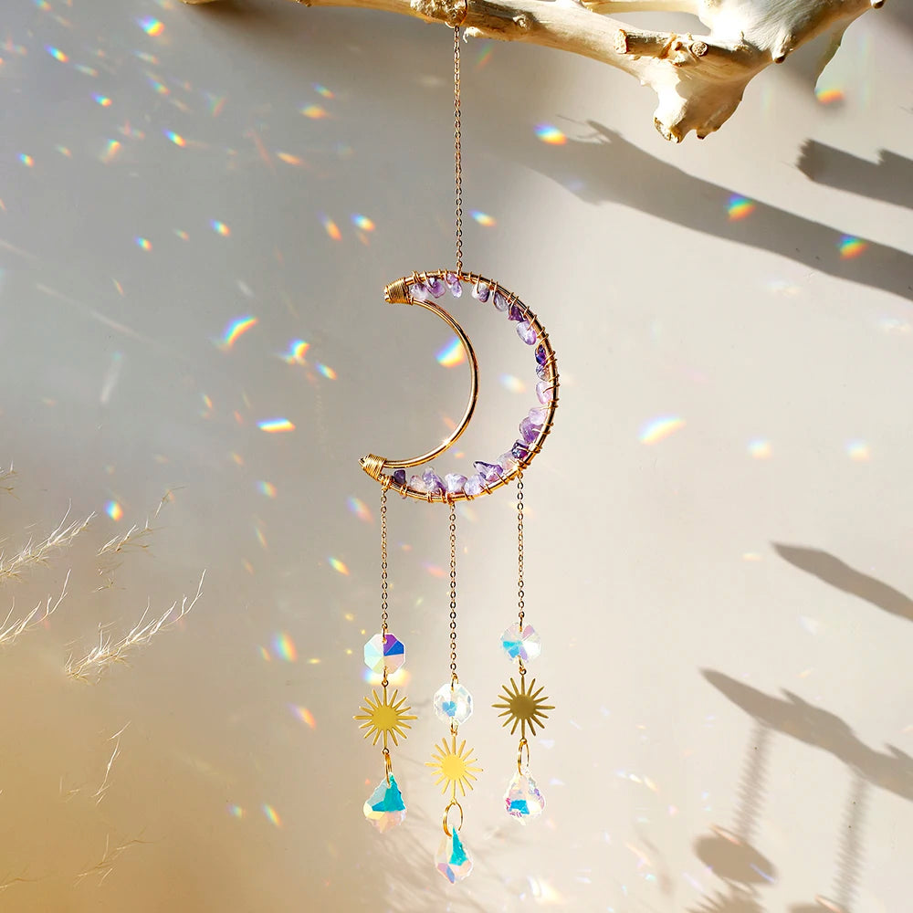 Crystal Moon Amethyst Rainbow Suncatcher Hanging Crystals Stone Sun Catcher Light Catcher Xmas Window Garden Ornaments Outdoor