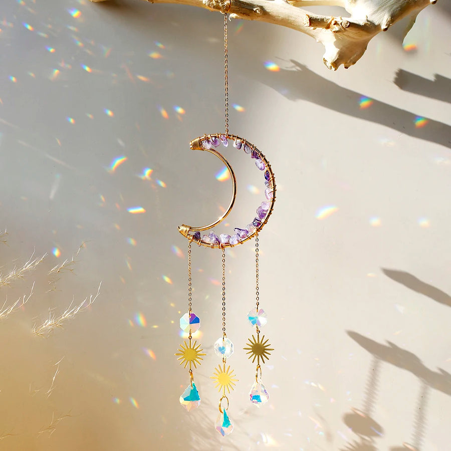 Crystal Moon Amethyst Rainbow Suncatcher Hanging Crystals Stone Sun Catcher Light Catcher Xmas Window Garden Ornaments Outdoor