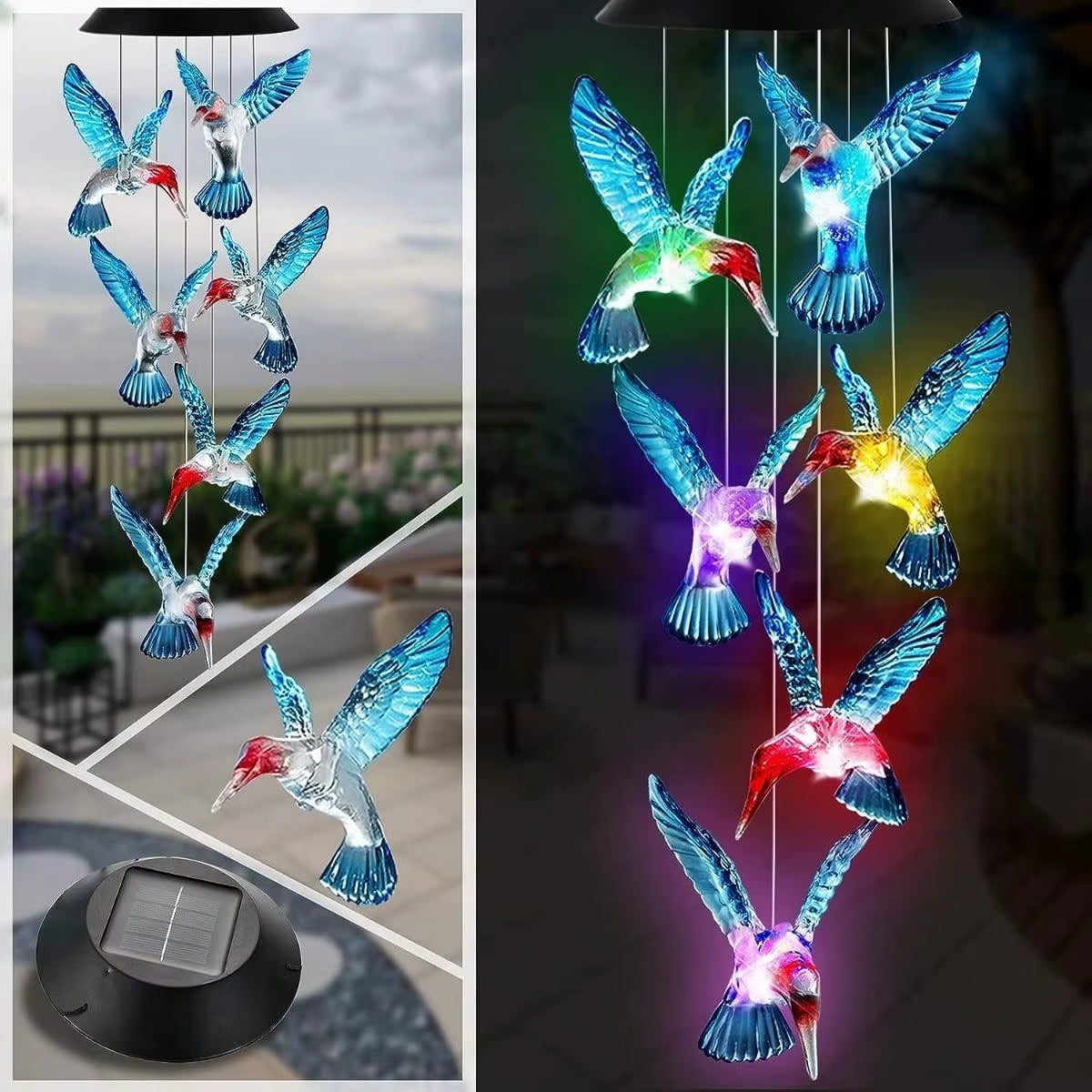 Hummingbird Solar Wind Chime Light LED Outdoor Solar Lantern Waterproof Automatic Changing Color for Home Garden Gift Christmas