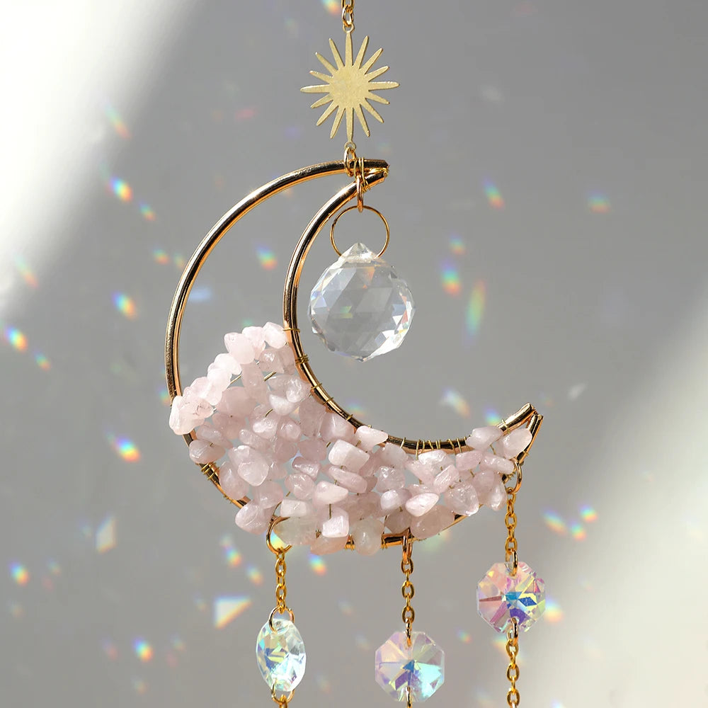 Crystal Moon Amethyst Rainbow Suncatcher Hanging Crystals Stone Sun Catcher Light Catcher Xmas Window Garden Ornaments Outdoor