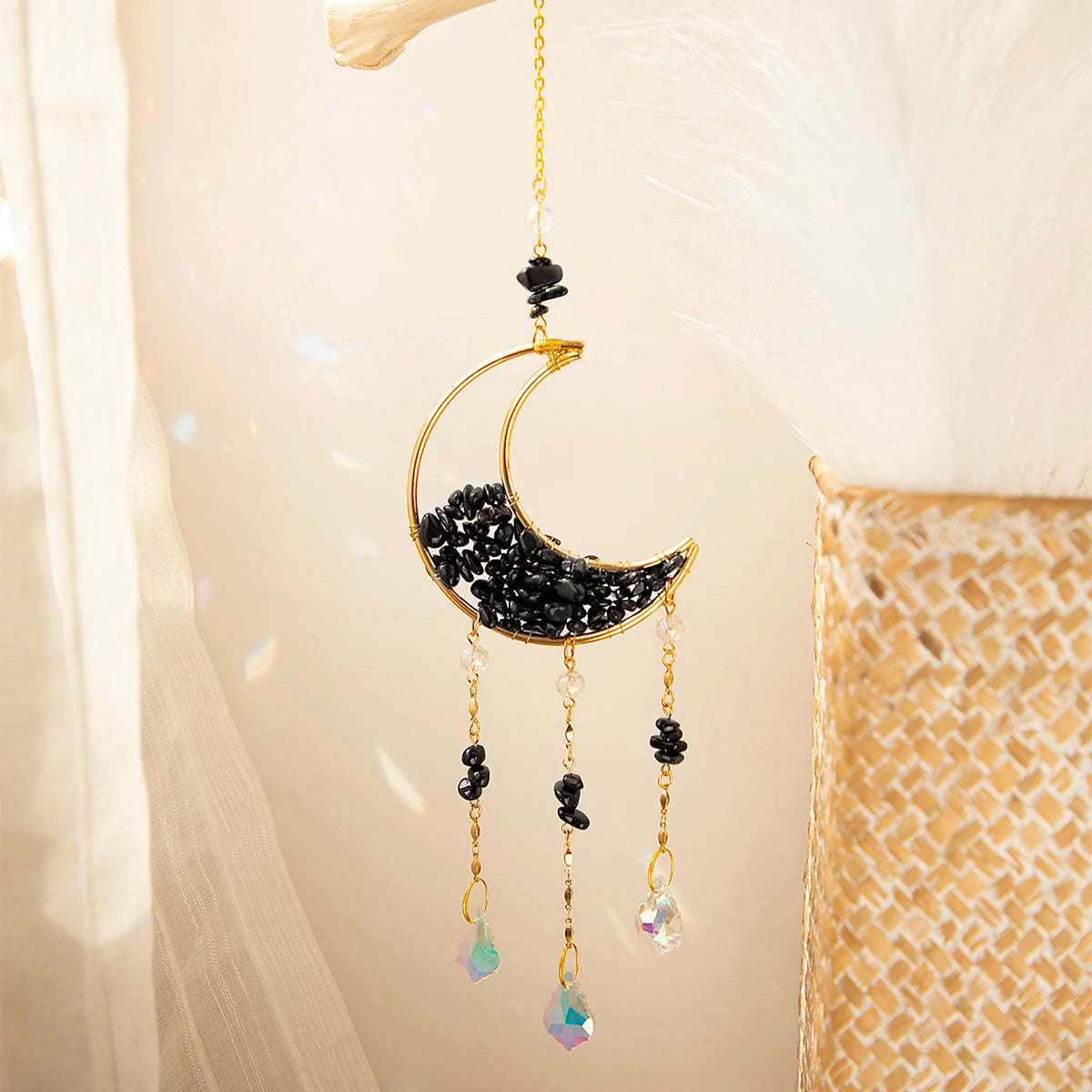 Crystal Moon Amethyst Rainbow Suncatcher Hanging Crystals Stone Sun Catcher Light Catcher Xmas Window Garden Ornaments Outdoor