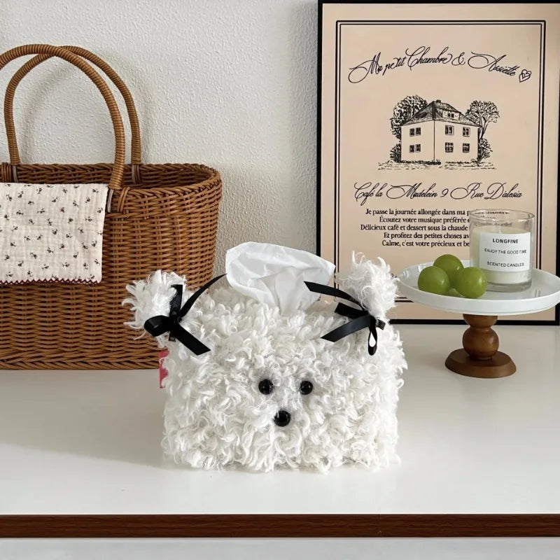Cute Plush Dog Tissue Box Creative Drawing Paper Box Dormitory Women'S Home Living Room Desktop Tissue Box