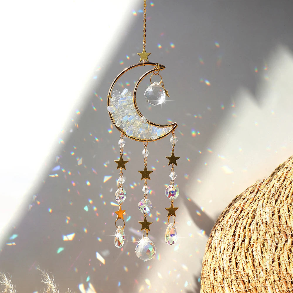 Crystal Moon Amethyst Rainbow Suncatcher Hanging Crystals Stone Sun Catcher Light Catcher Xmas Window Garden Ornaments Outdoor