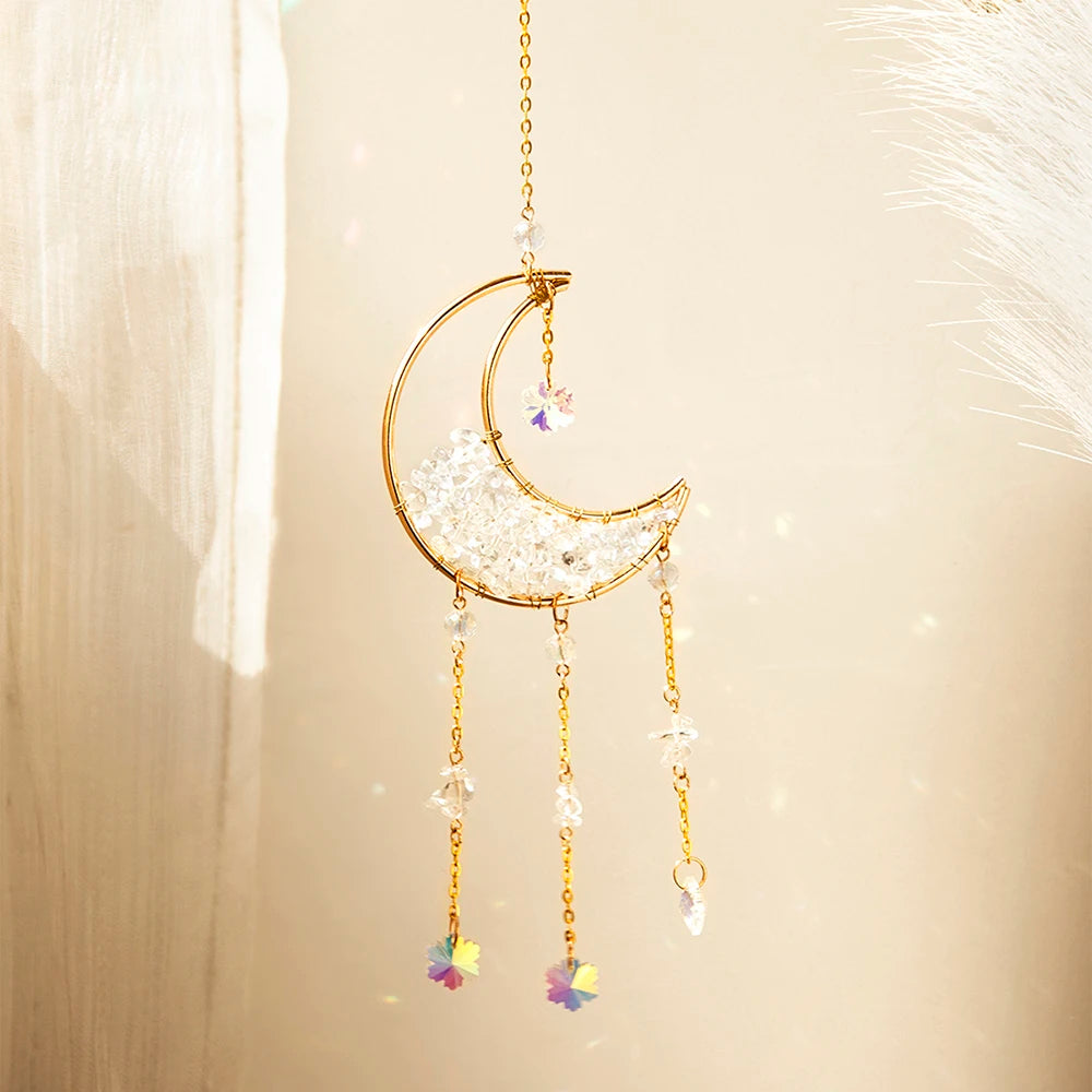 Crystal Moon Amethyst Rainbow Suncatcher Hanging Crystals Stone Sun Catcher Light Catcher Xmas Window Garden Ornaments Outdoor