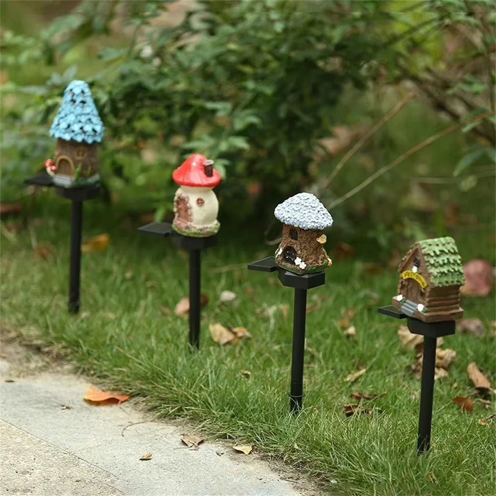 1Pc Creative Solar Resin Mushroom House Light, Waterproof Small House Led Floor Plug Light for Outdoor Garden Lawn Decoration