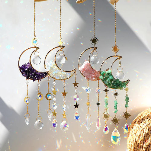 Crystal Moon Amethyst Rainbow Suncatcher Hanging Crystals Stone Sun Catcher Light Catcher Xmas Window Garden Ornaments Outdoor