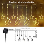 LED Decor Light Solar Moon Star Lights String Light Outdoor Waterproof Solar Powered Curtain Lights with 8 Modes Ramadan Hanging