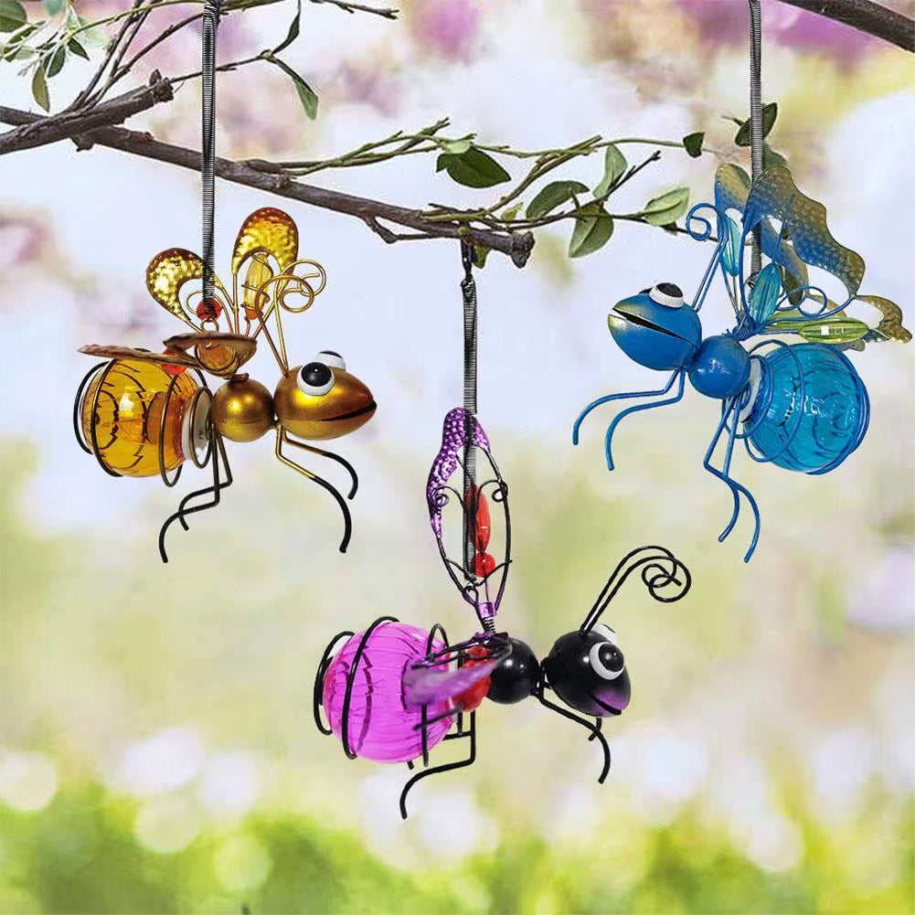 Solar Iron Insect Statue with LED Fairy Light Outdoor Waterproof Hanging Tree Ornament for Fence Yard Courtyard Garden Art Decor